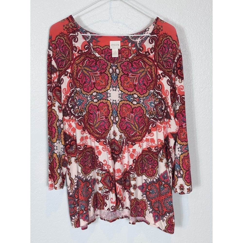 Chico's Artsy Paisleyish Blouse Size 3 Red Burgundy Colorful Boho Pullover